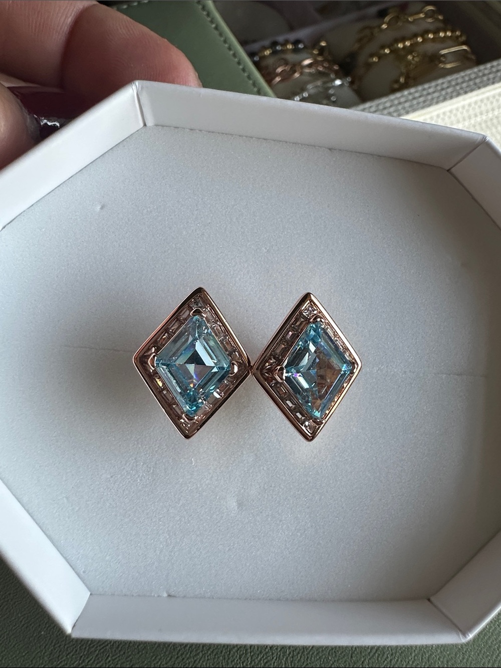 Rose Gold Blue Crystal Rhombus Stud Earrings